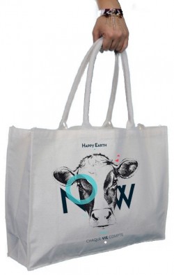 CABAS (COTON BIO) - HAPPY EARTH NOW - VACHE - BLANC