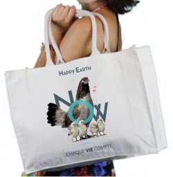 CABAS (COTON BIO) - HAPPY EARTH NOW - POULE - BLANC