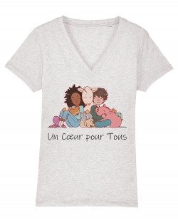 T-shirt Femme Col V - Gris Chiné "UN CŒUR POUR TOUS" -  Coton bio Végan - Animaux, Humains Planète - Happy Earth Now