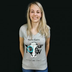 T-shirt Femme Gris VACHE Col V - "Chaque vie compte" - Coton bio Végan - Animaux, Humains Planète - Happy Earth Now